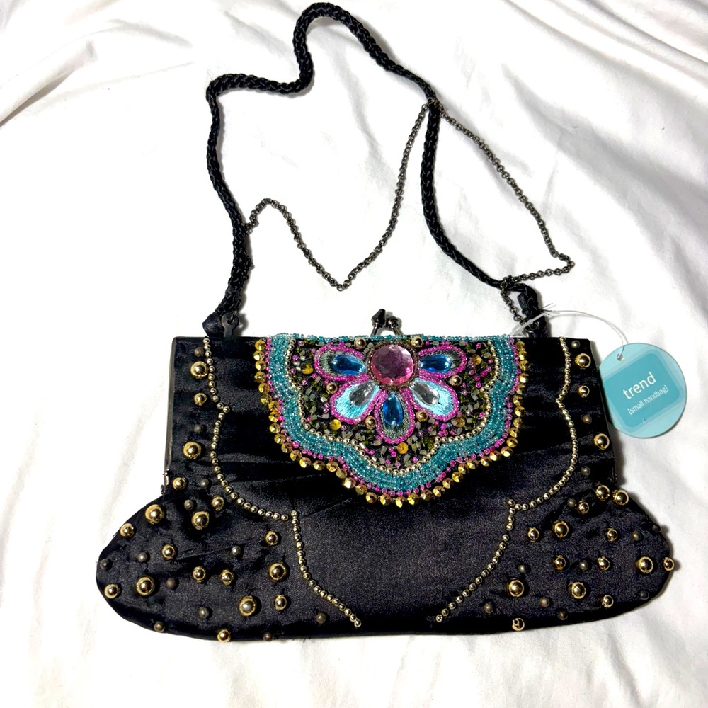 Trend Black Bead Embellished Women's Evening Purse Small Handbag